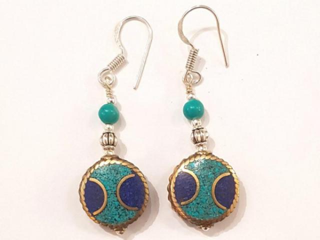 Boucles d'oreilles tibétains turquoise et lapis lazuli