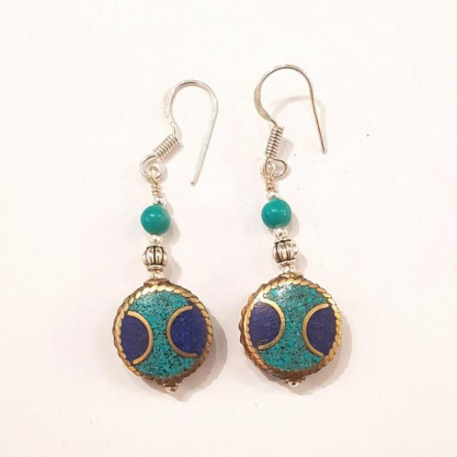 Boucles d'oreilles tibétains turquoise et lapis lazuli